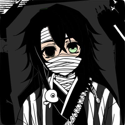 a boy with black hair that reaches to his shoulders, one eye is yellow and the other green-turquoise. wears bandages around his mouth, a small white snake is wrapped around his neck, wears a black top and black pants, and a white and black striped jacket, on his hip is a katana
