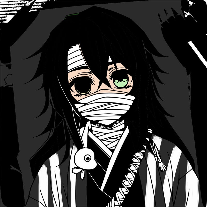 a boy with black hair that reaches to his shoulders, one eye is yellow and the other green-turquoise. wears bandages around his mouth, a small white snake is wrapped around his neck, wears a black top and black pants, and a white and black striped jacket, on his hip is a katana