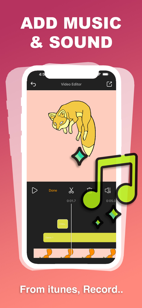 DrawToon - 2D Animation - 音楽とサウンド用の複数のオーディオトラックを持つ漫画のキツネのアニメーションを示すDrawToonアプリのインターフェイス