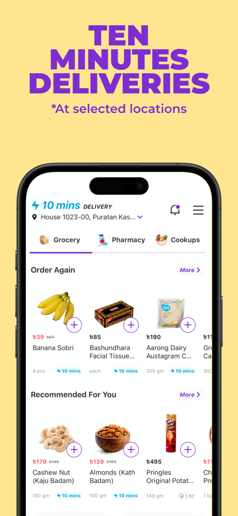Chaldal mobile app interface showing grocery items and ten minute delivery promotion