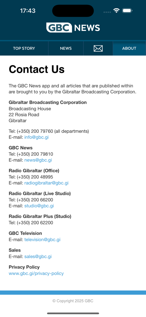GBC News - Contact Us screen of the GBC News app displaying contact details for Gibraltar Broadcasting Corporation departments including radio and television.