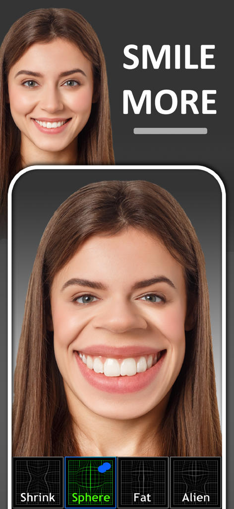 Funny Face Camera Booth - A morphed woman face with an exaggerated large smile using a sphere filter