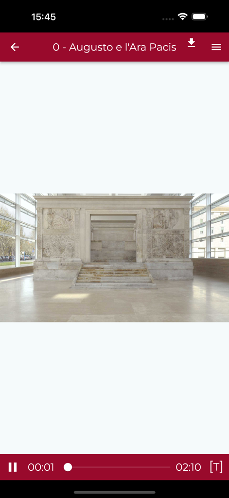Ara Pacis Roma - Audio guide screen of the Ara Pacis Roma app showing a photo of the ancient Roman altar and playback controls