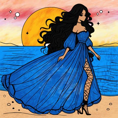 beautiful woman with a vaporous long dress walking on the beach at the noon, detailed art