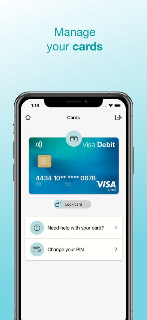 Unity Bank - Unity Bank mobile app interface showing a Visa Debit card with options to lock the card and change the PIN