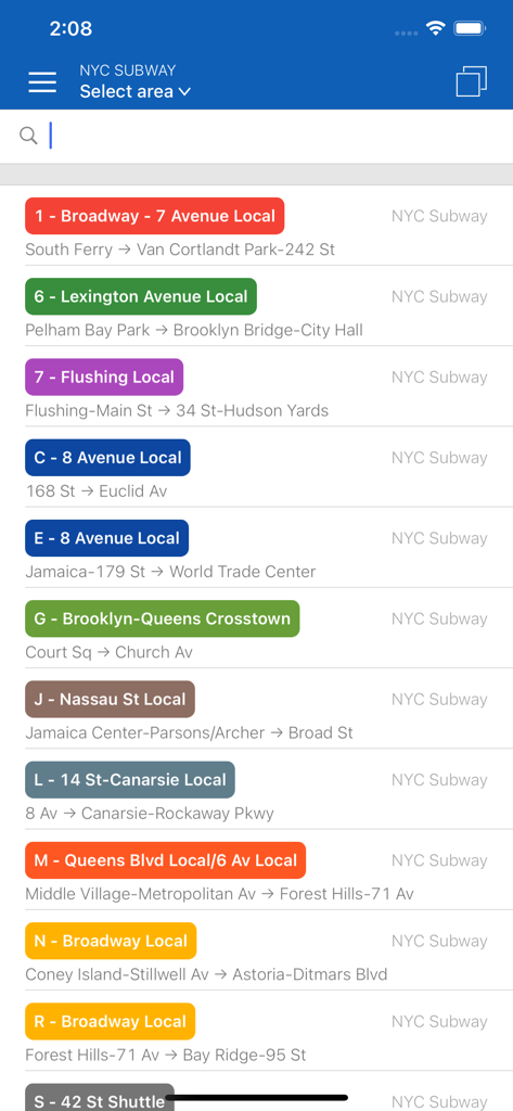 Una lista de líneas de metro de la ciudad de Nueva York que muestran rutas y direcciones en la interfaz del Planificador de Viajes de Tránsito