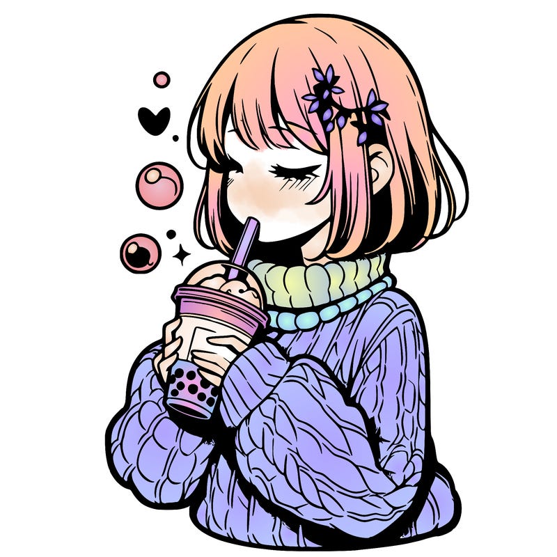 manga girl drinking boba in cozy sweater
