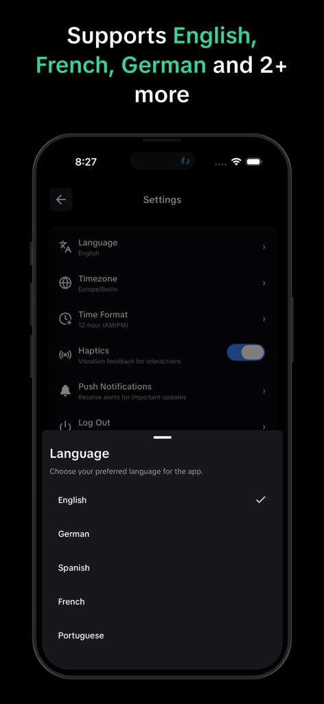 Unload: Overcome Lust with CBT - Una pantalla de teléfono inteligente que muestra la pantalla de configuración de la aplicación Unload con un menú de selección de idioma que incluye inglés, alemán, español, francés y portugués.