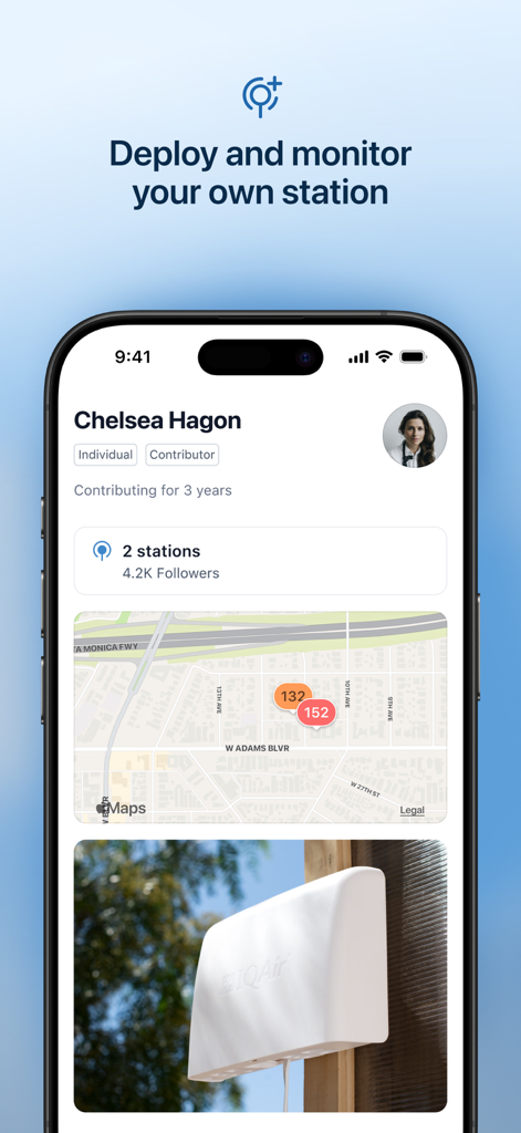 A mobile app screen showing a user profile with two deployed air quality monitoring stations and their locations on a map