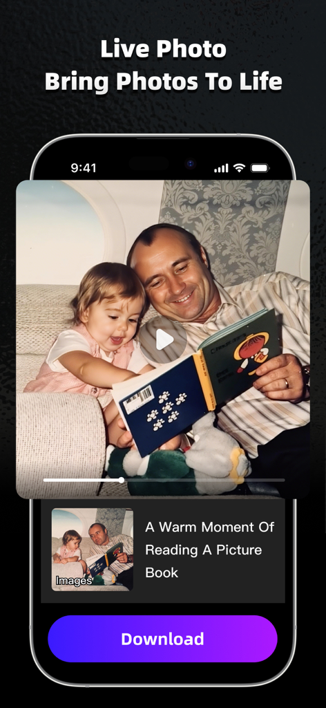 AI Marvels app interface showing the Live Photo feature animating a picture of a father and child reading together.