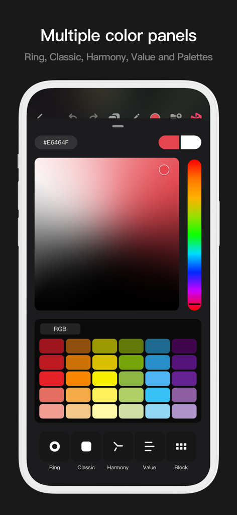 Interfaz de la aplicación Pofi Brush mostrando múltiples paneles de selección de color, incluyendo un degradado clásico y muestras de paleta de colores.