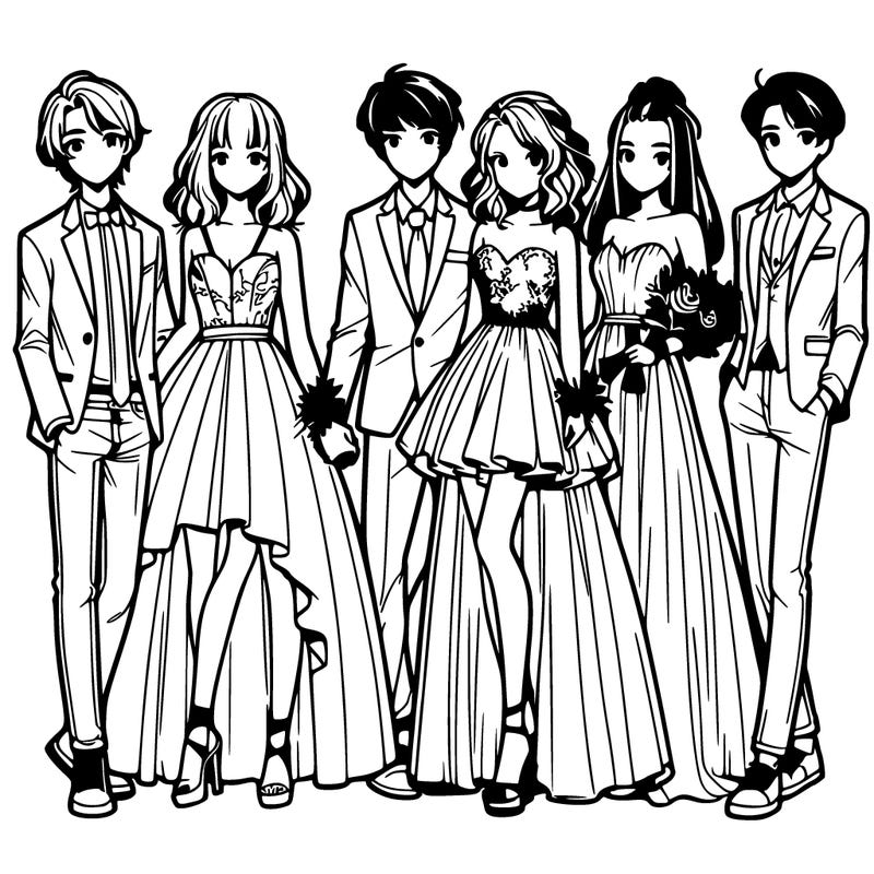 group of six teenagers in prom dresses