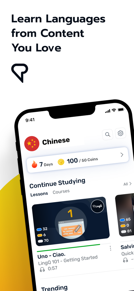 Learn Chinese | LingQ - La pantalla de inicio de la aplicación LingQ en un iPhone que muestra lecciones de chino y seguimiento del progreso