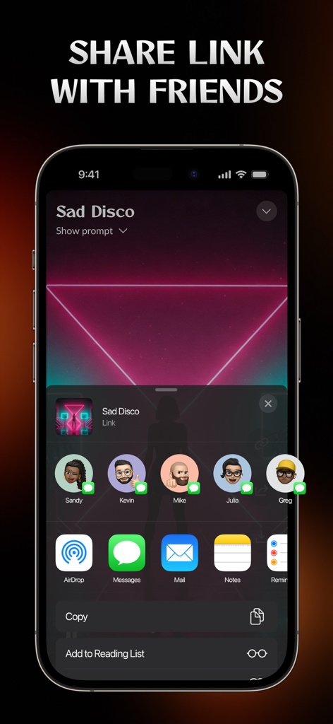 Melora: AI Music Generator - Smartphone screen showing the Melora app share sheet for an AI generated song.