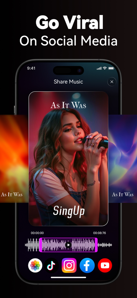 Mobile app screen showing options to share AI cover songs on social media platforms like TikTok and Instagram