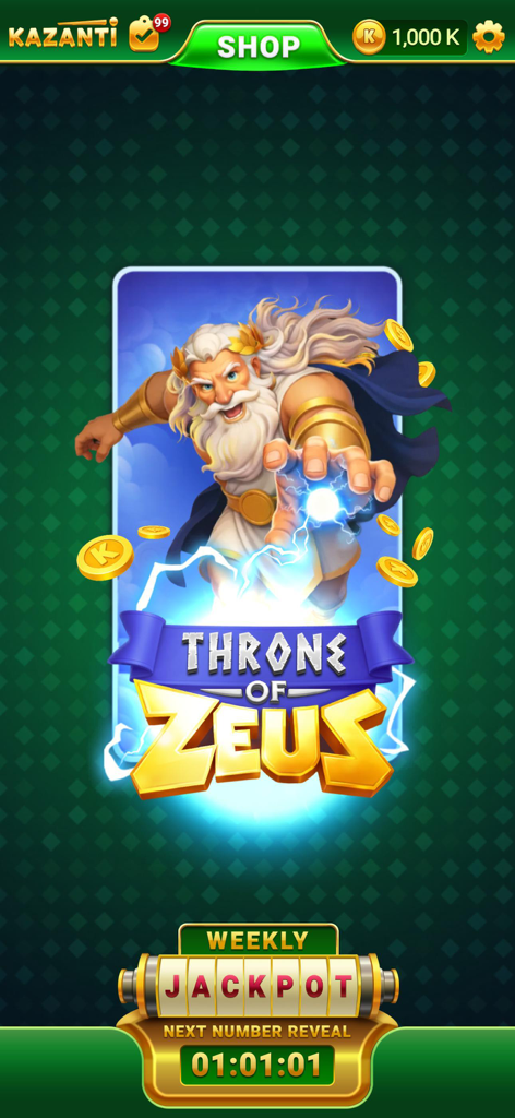 Kazanti: Fortune Tickets - Kazantiアプリのインターフェース、ゼウスの玉座のイラストとウィークリージャックポット公開タイマー