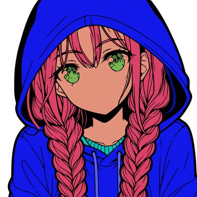 anime girl with long braids and hoodie