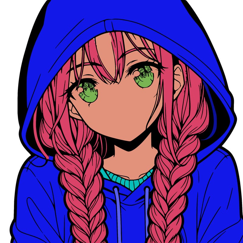 anime girl with long braids and hoodie