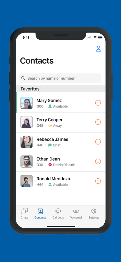 Sangoma Chat app displaying a contact list with availability statuses like Available, Away, and Do Not Disturb.