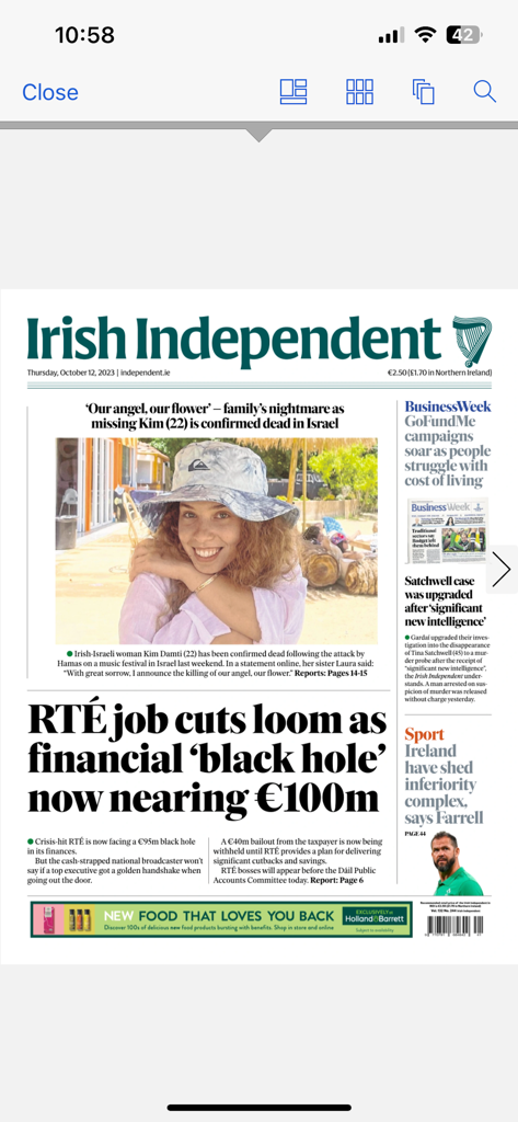 Irish Independent ePapers - Front page of the Irish Independent digital newspaper showing news headlines and a mobile app interface