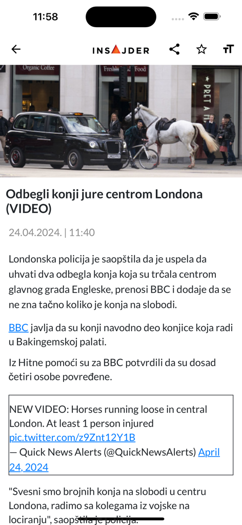 Insajder - Insajder mobile app displaying a world news article about escaped horses in central London with an accompanying photo