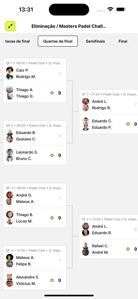 Placar.app - Interface de chave de torneio mostrando resultados de partidas de Padel e duplas de jogadores
