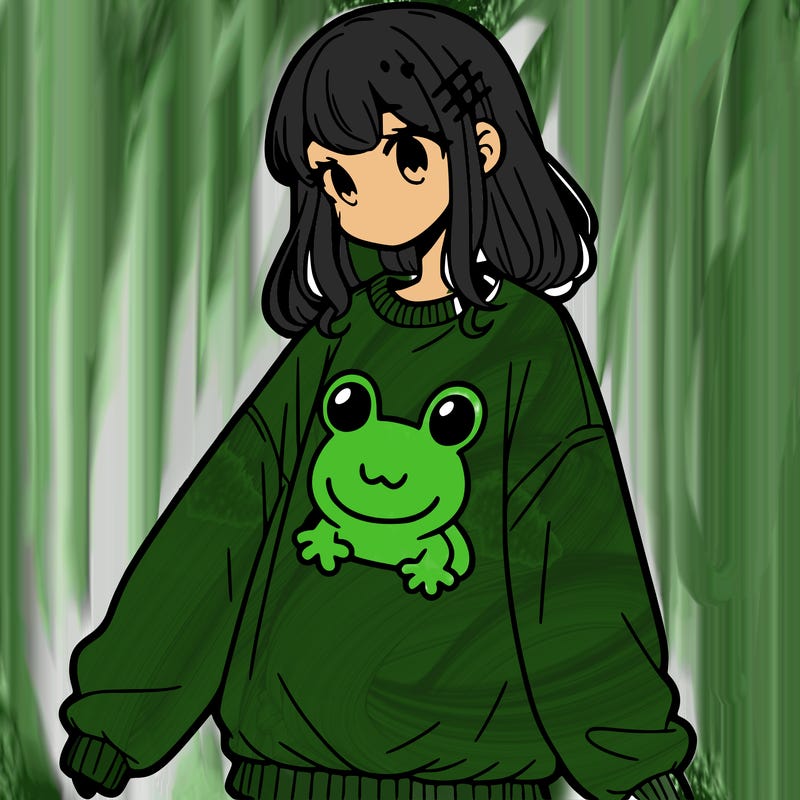 girl wearing frogging sweatshirt