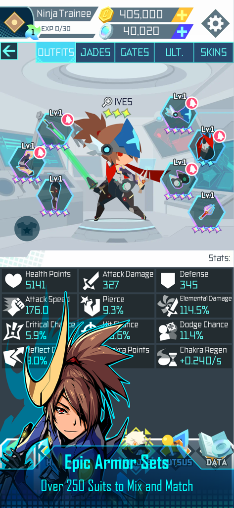 Ninja Gear - 装備スロットとプレイヤー統計を表示するNinja Gearのキャラクターカスタマイズ画面