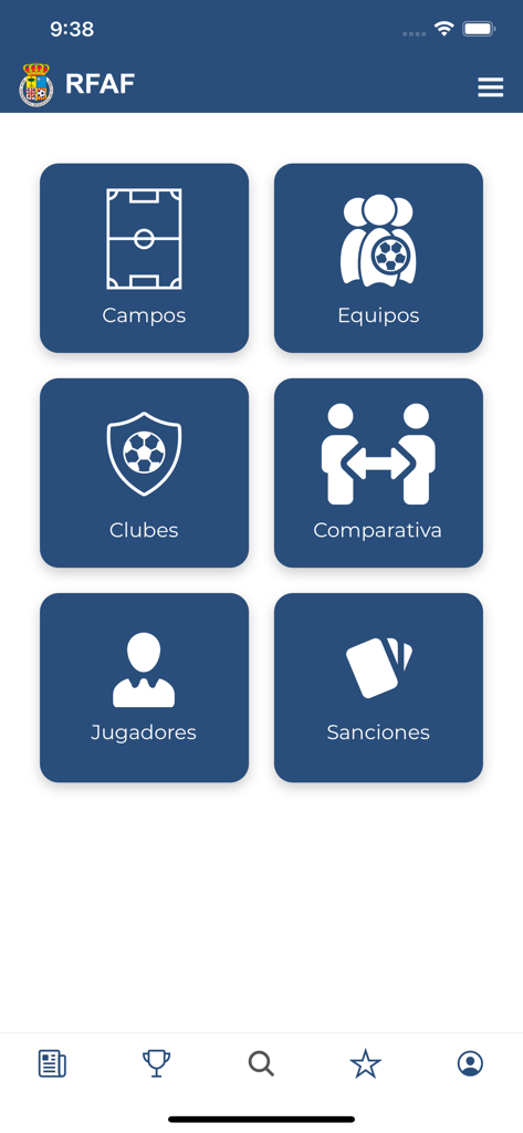 FutbolAragón - Menu principal do aplicativo móvel Futbol Aragon mostrando categorias de campos de futebol, times e jogadores