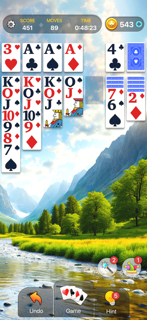 Klondike Solitaire- Card Games - Juego de solitario clásico con cartas grandes y fáciles de leer en un paisaje de montaña pacífico