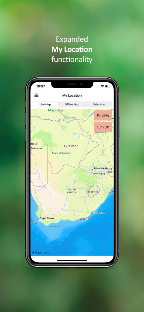 eSnakes Southern Africa - Smartphone screen displaying the My Location map feature in the eSnakes Southern Africa app