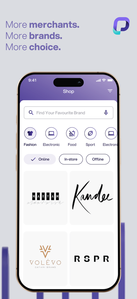 ファッションやエレクトロニクスなどのブランドロゴや商品カテゴリを表示するPayLaterアプリのショッピングインターフェイス