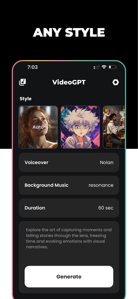 Interface of the VideoGPT app displaying various AI video styles including Anime and Painting with settings for voiceover and duration