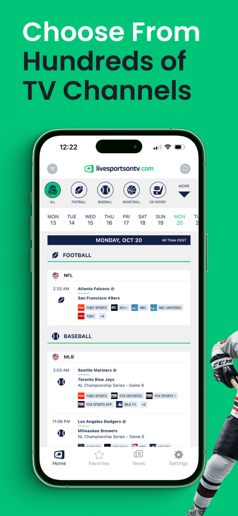 Livesportsontv.com: TV Guide - Interfaz de la aplicación Livesportsontv que muestra horarios de partidos de la NFL y MLB con varias opciones de canales de TV y streaming.