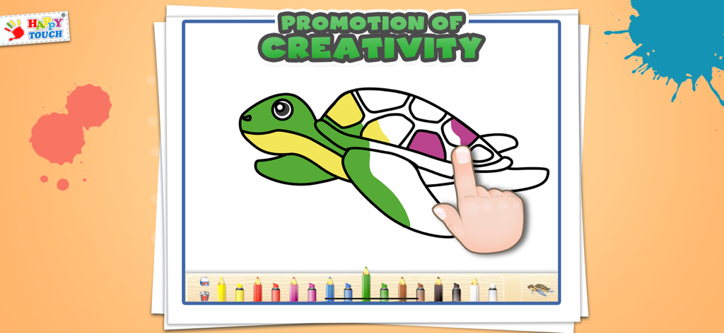 Ein Kind malt digital eine Schildkröte in der App Malspiele für Kinder Happytouch aus