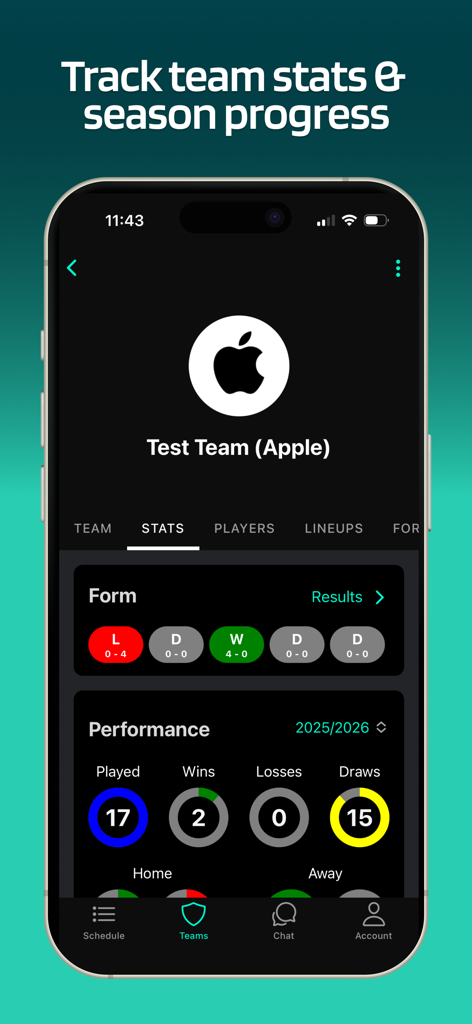 Lineup - Soccer Team App - Una schermata mobile che mostra statistiche sulle prestazioni della squadra di calcio e risultati della forma delle partite.