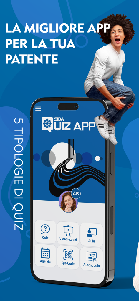 Smartphone screen showing the SIDA Quiz Patente app menu with icons for quizzes and video lessons for the Italian driving license.
