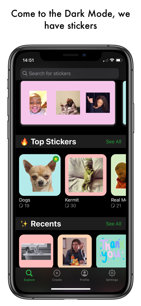 Top Sticker Maker - WaSticker - Top Sticker Maker app interface in dark mode featuring popular meme sticker packs and a search bar.