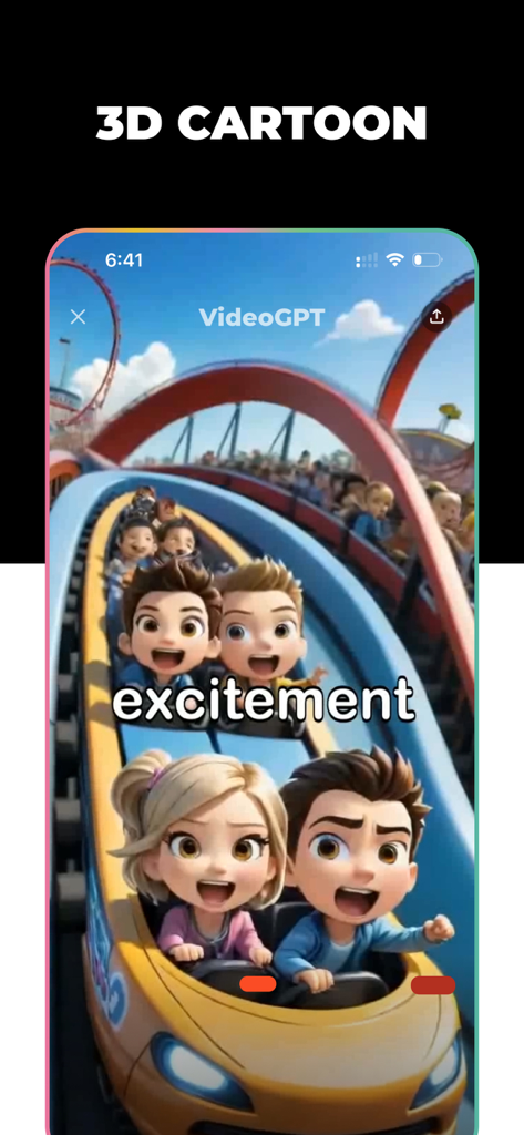 VideoGPT app interface showing a 3D cartoon style animation of characters on a roller coaster