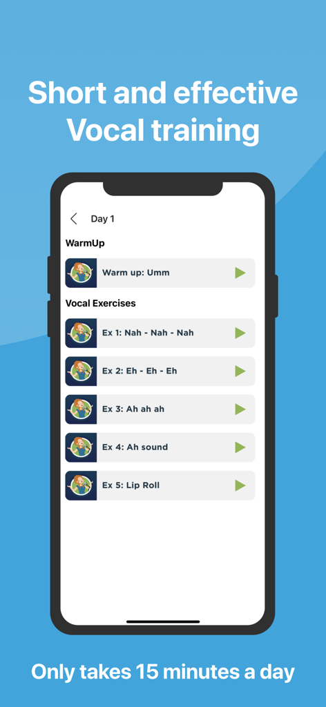 Singing Lessons: Learn to Sing - Pantalla de smartphone con ejercicios vocales diarios y calentamientos para cantantes.