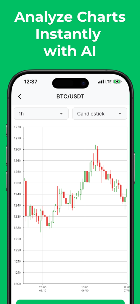 iPhone affichant l'application Trade AI avec un graphique de trading en chandeliers Bitcoin et un titre sur l'analyse instantanée par IA.