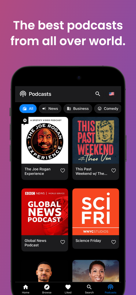 Radio App: Stations & Podcasts - Mobile app interface showing popular global podcasts like The Joe Rogan Experience and BBC Global News with category filters
