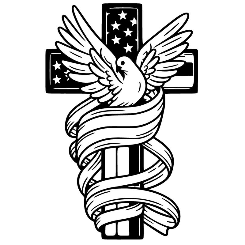 american flag wrapped around a cross with a dove