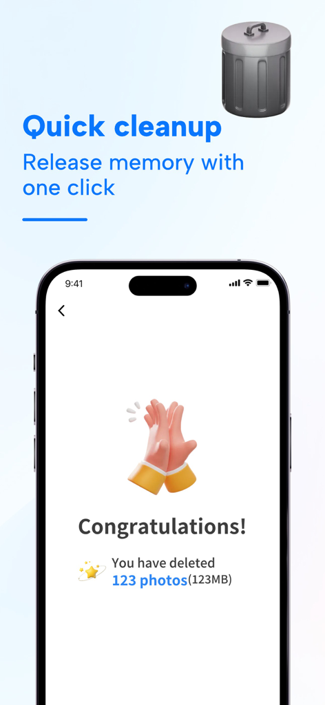 Cleaner Suite:Clean up Storage - App interface showing a success message after deleting duplicate photos to free up storage memory
