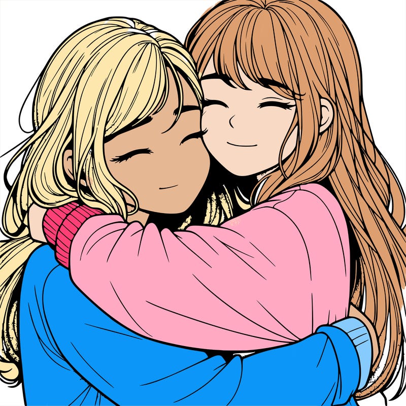 realistic two girls hugging