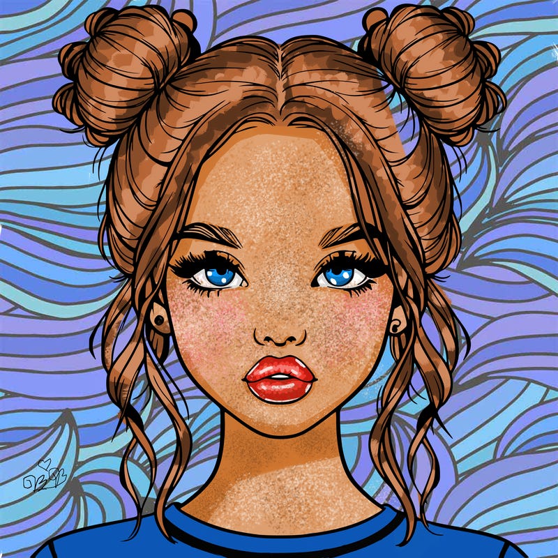 realistic girl with two buns in hair and lips