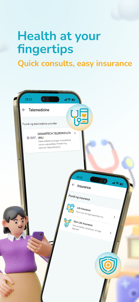 RCBC DiskarTech Savings - Telas do aplicativo móvel RCBC DiskarTech mostrando opções de serviços de telemedicina e seguro