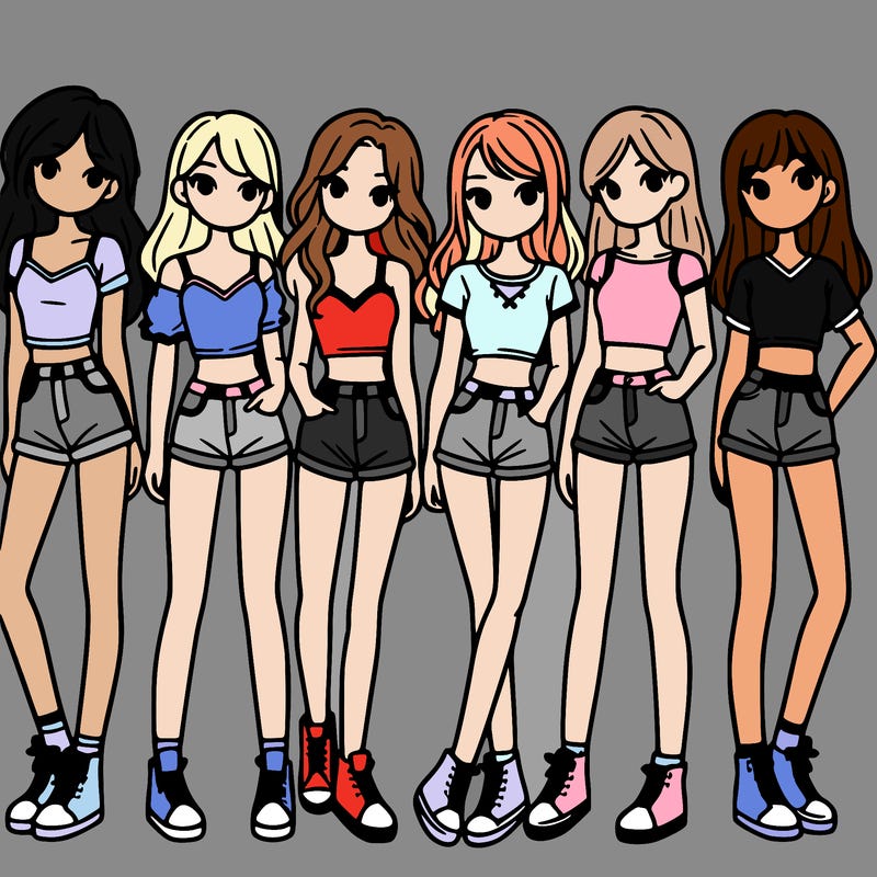 a group of girls wearing crop tops and shorts