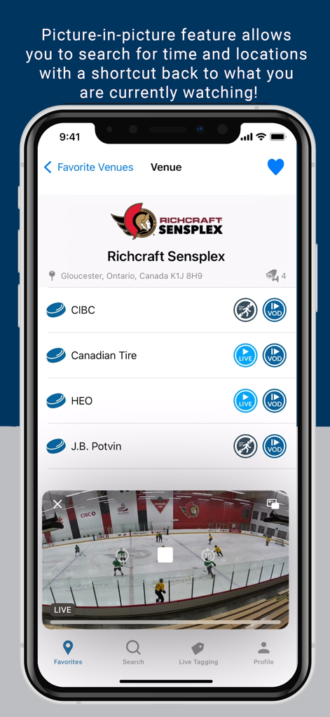 LiveBarn app interface showing the picture in picture feature while browsing sports venues