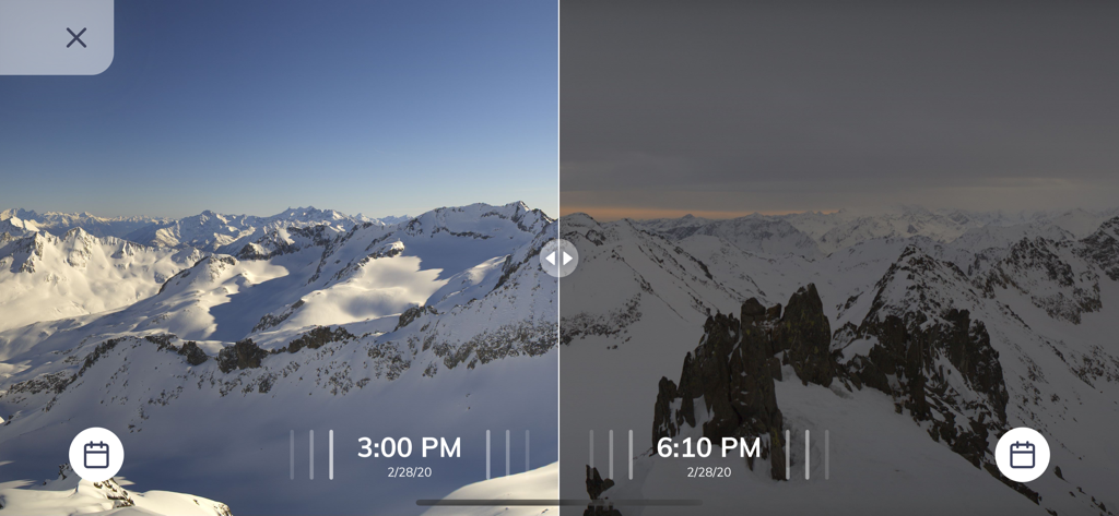 Roundshot Livecam - Split screen comparison of a snowy mountain landscape at different times of the day in the Roundshot Livecam app